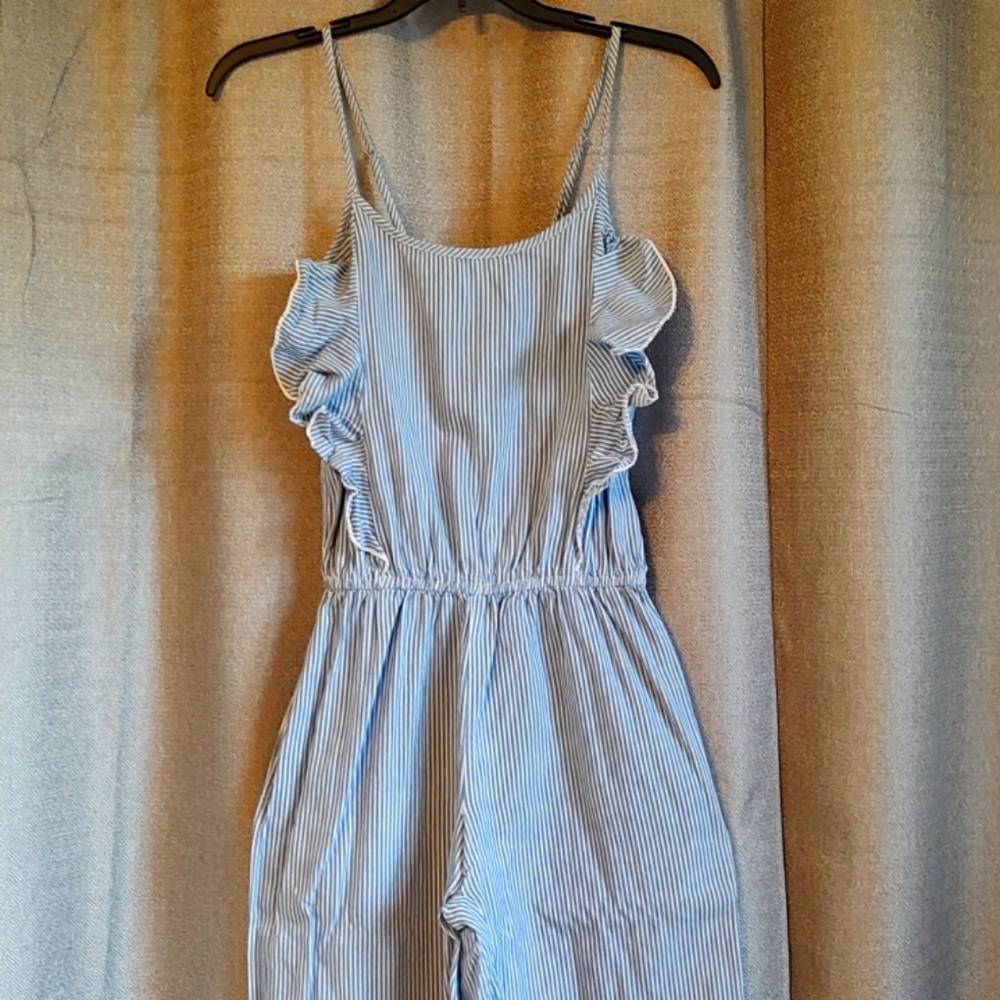 Fashion Web Light Blue & White Striped Jumpsuit with Pockets Sz Small